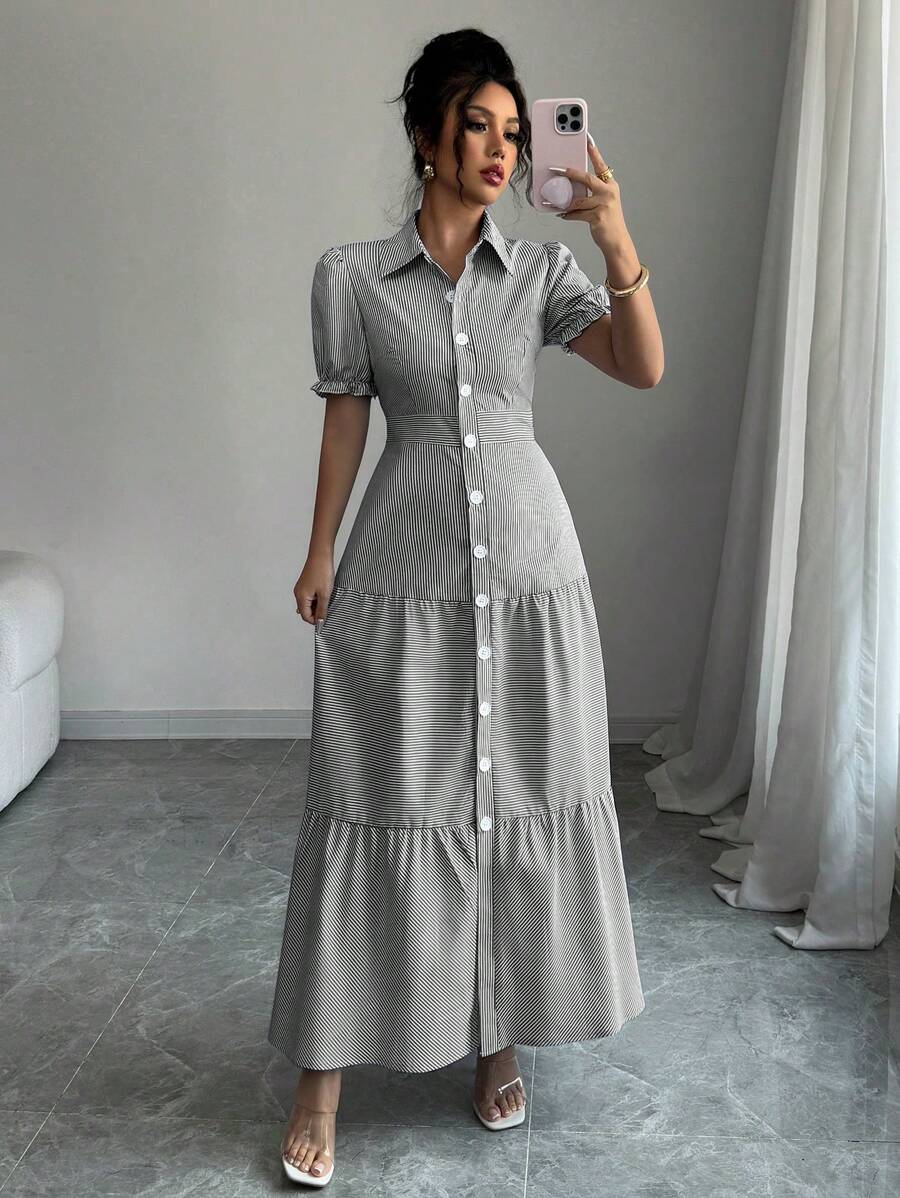 Elenzga 女式长款条纹短袖连衣裙，夏季时尚 - 黑與白 - 查看 1