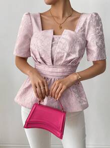 Chiquease Blusa elegante con cuello asimétrico y tejido jacquard para mujeres - Rosa Pálido - Ver 6
