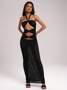 SHEIN BAE Women's Fashionable Sexy Solid Color Hollow Out Backless Halter Neck Knit Dress - Black - View 6