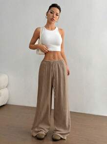 Flirla Women Casual Straight Leg Low-Rise Cotton Pants