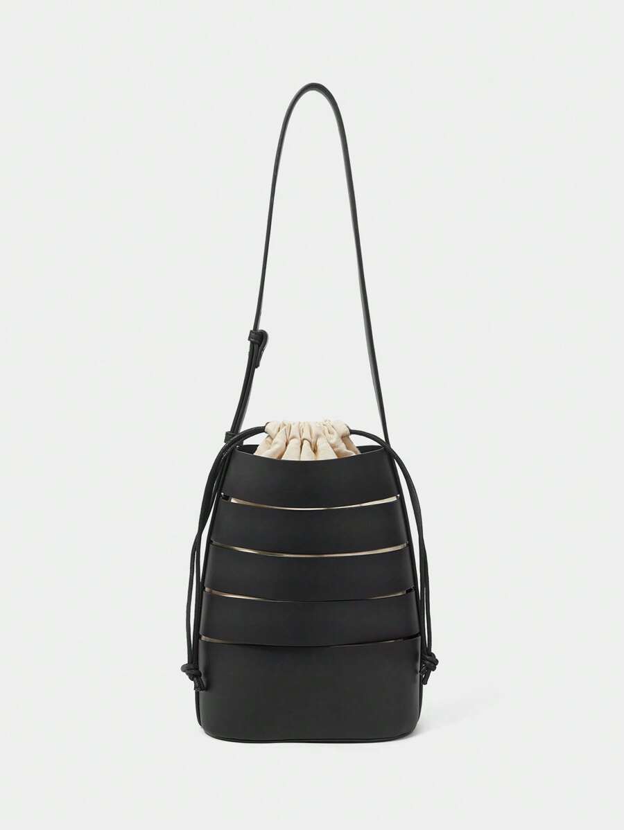 SHECARRY 女士时尚优雅百搭黑色 PU 单肩包，肩带长度可调节 - 黑色 - 查看 1