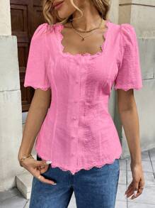 Pariaura 女士法式优雅蕾丝拼布棉质短袖衬衫 - 玫紅色 - 查看 5