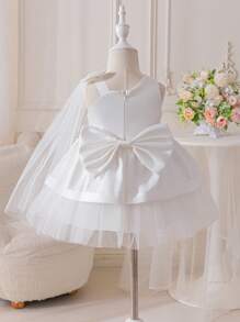 SHEIN Glamorique Kids Baby Girl Flower Girl Removable Big Bow Shoulder Wedding Dress, Elegant Mesh Dress Suitable For Wedding, Festivals, Parties, Summer Baby Dress Girl Wedding Princess Dress For Girls Baby Girls Dresses Baby Elegant Dress Baby Girl Dress Wedding