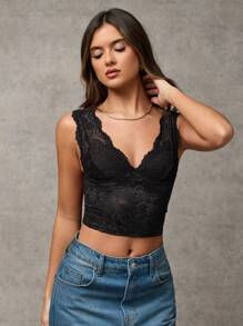 SHEIN BAE Top halter con escote en V, encaje floral y ajustado para mujer