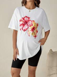 SHEIN Pregnant Women Floral Print Round Neck Drop Shoulder Casual Loose T-Shirt  Maternity Clothes Summer - White - View 5