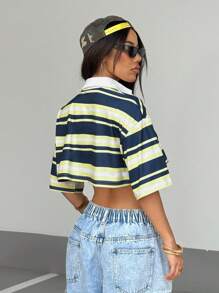 StreetHx 女式修身条纹撞色 Polo 领 T 恤，春/秋 - 黃色 - 查看 3