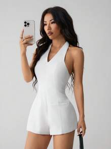 SHEIN PETITE Tuta con pantaloni a zampa e scollo profondo a V, stile corto per donne, di colore bianco