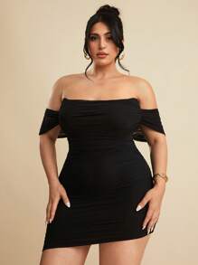 SHEIN BAE 大码女式黑色褶皱下摆荷叶边系带腰网纱针织露肩弹力休闲迷你连衣裙，适合日常穿着、外出、约会、下午茶、度假、春夏、返校季、女士正式礼服、女士生日礼服、毕业典礼等场合。 - 黑色 - 查看 6