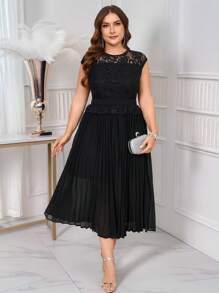 SHEIN Clasi Plus Size Women Elegant Lace Patchwork Pleated Hem Chiffon Black Summer Long Dress,Formal Evening Wedding Guest Prom Graduation Easter Dress - Black - View 1