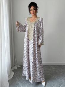 Al Najma Women's Printed Long Sleeve Dress, Modest - Purple - View 3