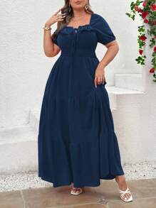 Flirla 大码情人节荷叶边系腰无袖连衣裙 - 藏蓝色 - 查看 3