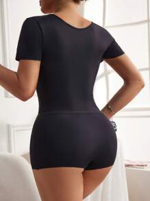 SHEIN Plus Size Women Solid Color Short Sleeve T-Shirt And Shorts Shapewear Suit - Black - View 2