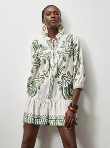 Lumivelle 女士度假风海滩印花宽松连衣裙 - 杏色 - 查看 5