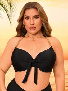 Swim Lushoire Plus Size Vacation Beach Chain Back Halter Swimsuit Top - Black - View 3