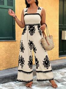 SHEIN Holidaya Plus Size Women Totem Print Elastic Strap Straight Leg Casual Loose Jumpsuit Romper - Multicolor - View 5