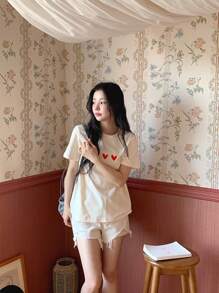 DAZY Women's Casual Round Neck Cute Heart Style Short Sleeve T-Shirt, Korean Style - Apricot - View 3