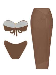 Swim Oasis 3 szt./zestaw Nowe jednokolorowe bikini bandeau z metalowymi zdobieniami, w połączeniu z długą spódnicą z siateczki, elegancki i seksowny kostium kąpielowy dla dorosłych na plażową imprezę, wiosenna przerwa