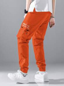 Manfinity Hypemode Loose Men Flap Pocket Side Drawstring Waist Cargo Pants - Burnt Orange - View 2
