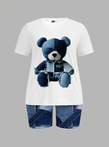 Slaydiva 2 pezzi Set da donna casual e carino composto da maglietta a maniche corte con stampa grafica di orsetto in effetto jeans e pantaloncini stampati, per l'estate