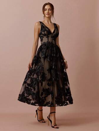 Enchnt Spring/Summer Romantic Women's Black Exquisite Floral Embroidered Applique Mesh V-Neck Sleeveless Princess Long Dress,Sweet&Elegant For Vacation&Date&Holiday&Party&Graduation&Wedding Guest&Banquet,Prom Dress,Summer Dresses For Women,Sun Dresses For Women,Summer Clothes, ,Elegant Dresses For Party