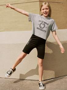 SHEIN Set de 2 piezas para niña preadolescente, top sin mangas vintage simple y pantalones cortos para uso diario y salidas