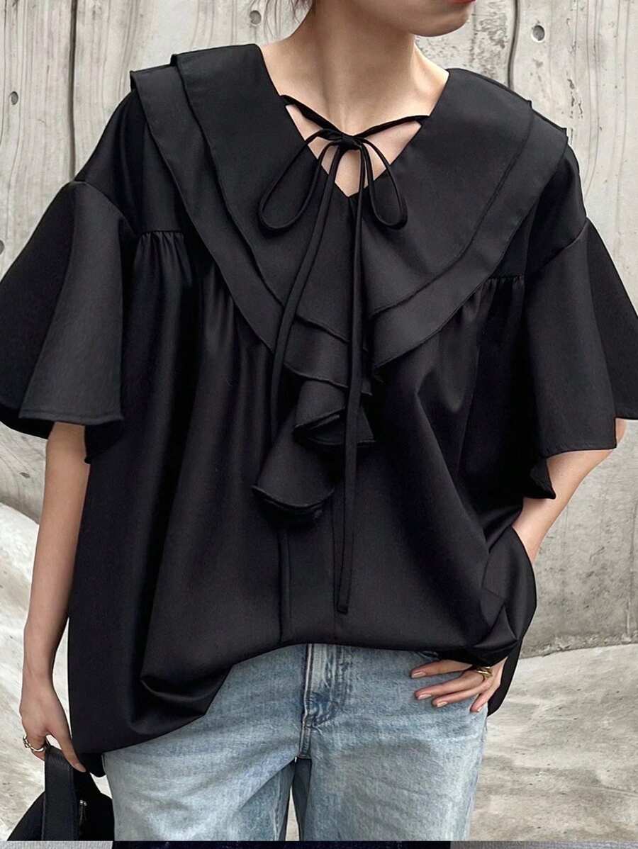 FRIFUL 女士黑色宽松荷叶边下摆衬衫，休闲装 - 黑色 - 查看 1