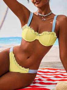 Swim Mod Women Refreshing & Sweet Frill Trim Swimsuit Set For Summer Beach Vacation - Yellow - View 1