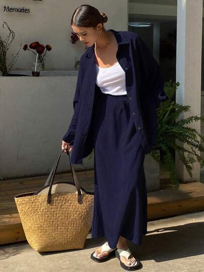 Livesso 西部风沙滩度假纯色牛仔效果亚麻材质宽松休闲女式两件套，春季度假休闲套装