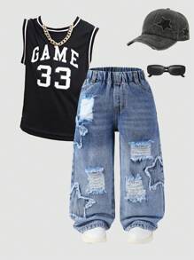 Young Boy 休闲牛仔裤，做旧，宽松松紧腰，星星刺绣，街头潮流，舒适日常穿着，百搭 - 淺色水洗藍 - 查看 1