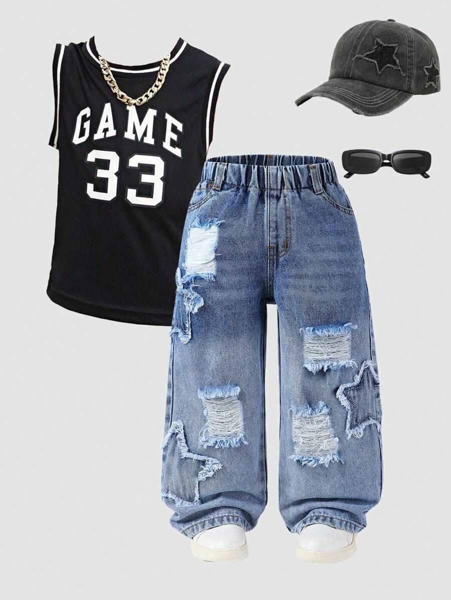 Young Boy 休闲牛仔裤，做旧，宽松松紧腰，星星刺绣，街头潮流，舒适日常穿着，百搭 - 淺色水洗藍 - 查看 1