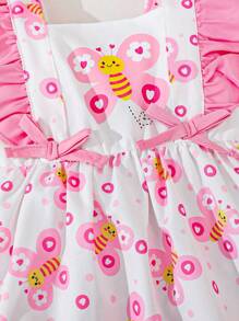 Baby Girls Casual Everyday Bee Print Cap Sleeve Dress, Suitable For Outings Or Comfortable Home Wear, Versatile