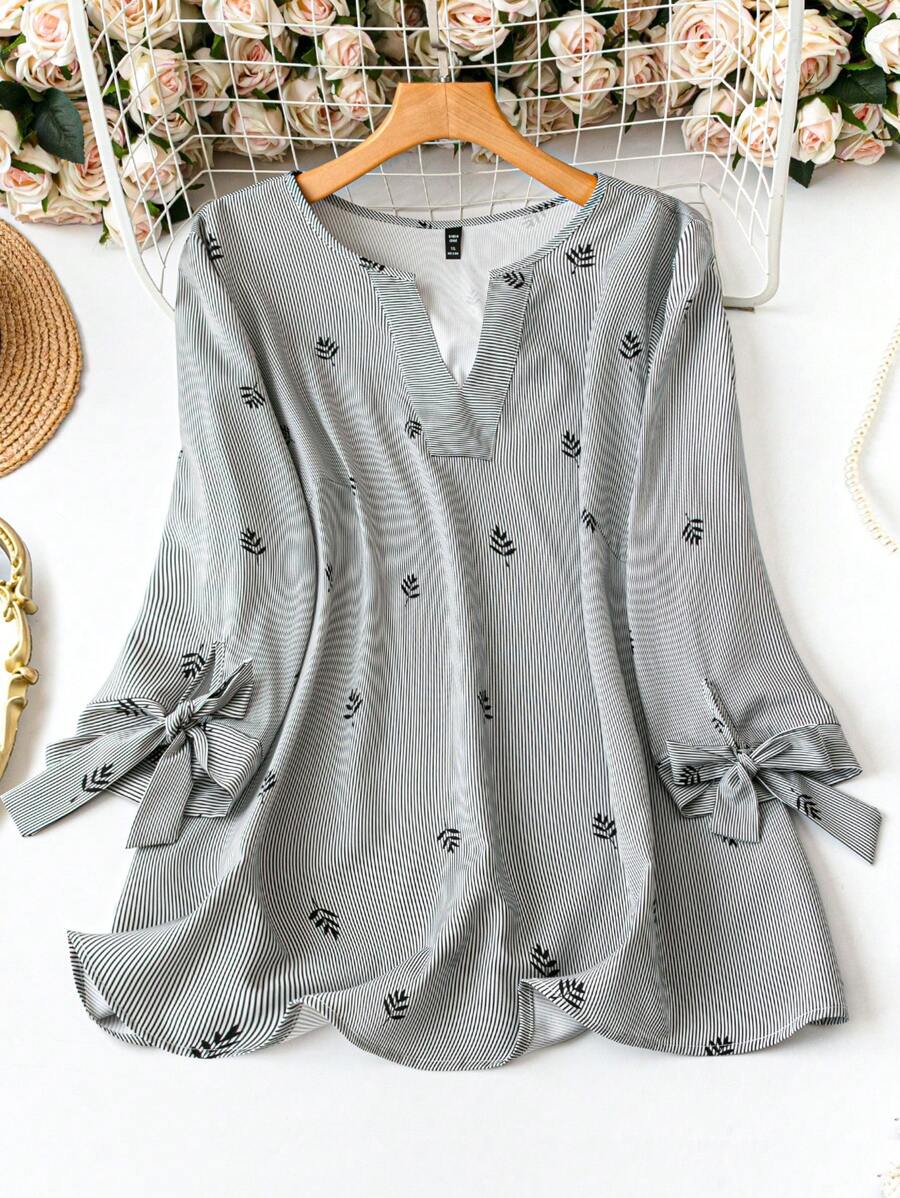 DreamSkyne Chemise décontractée à manches longues avec col châle et imprimé à rayures, grande taille - Noir et Blanc - Voir 1