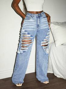 Slaydiva 女式口袋休闲破洞高腰直筒牛仔裤 - 淺色水洗藍 - 查看 5