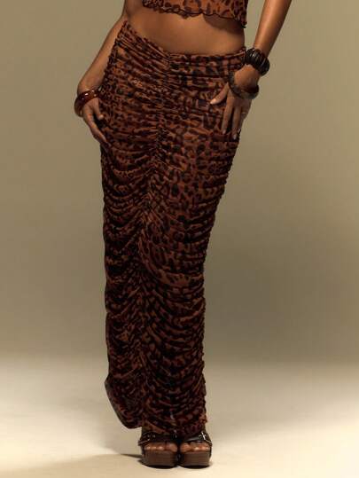 MUSERA Double Layer Printed Cheetah Mesh Ruched Maxi Skirt Summer, Vacation, Festival, Y2k Wilden Out Thanksgiving