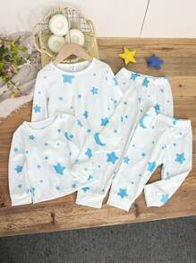 2 Stücke/Set Kleine Mädchen Weich Glatt Baumwolle Strick Stern Mond Muster Weiß Rundhals Lang Ärmel Hose Pyjama Set, Geschwister Kombination