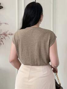 Dazy Plus Oversized Round Neck Cap Sleeve Loose Casual T-Shirt, Spring/Summer,Business Casual Women,Crop Tops Women - Khaki - View 2