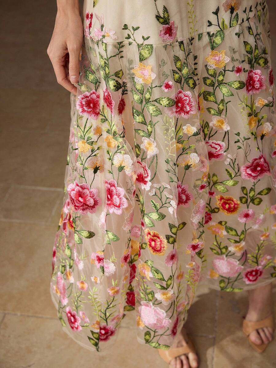 MOTF PREMIUM CONTRAST MESH FLORAL EMBROIDERY DRESS - Pink - View 2