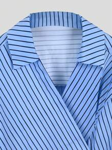 SHEIN LUNE Conjunto de camisa envolvente con lazada y pantalones de rayas para tallas grandes - Azul Marino - Ver 7
