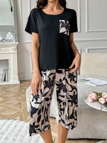 Floral Print Pouch Pocket Short Sleeve & Capri Pants Set - Multicolor - View 6