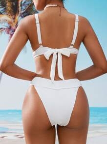 SHEIN Swim 夏季黑白简约白色比基尼套装 - 白色 - 查看 2