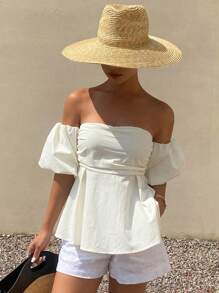Livesso Blusa corta a spalle scoperte con maniche a sbuffo, di colore unito, per vacanze al mare, crociere, outfit da donna. Top a balze, scollo a spalle scoperte