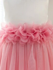 SHEIN Glamorique Kids 年轻女孩花卉装饰撞色网眼覆盖无袖连衣裙 - 白色 - 查看 5