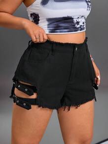 SHEIN ICON Shorts vaqueros casuales de talla grande con botón y dobladillo deshilachado, para verano
