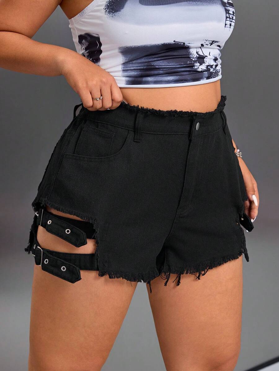 SHEIN ICON Shorts vaqueros casuales de talla grande con botón y dobladillo deshilachado, para verano