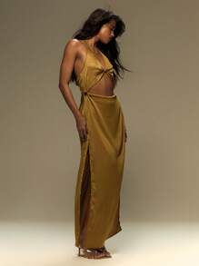 MUSERA Halter. Neck Plunge Cut Out Satin Side Split Maxi Dress Summer, Vacation, Festival Outfit, Y2k Wilden Out - Yellow - View 2