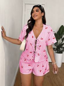 SHEIN EZwear Plus Size Spring/Summer Cherry Fruit & Blue Plaid Print Sweet Shirt & Shorts 2 Pieces Set - Baby Pink - View 6