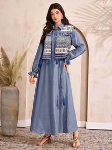 Al Najma Conjunto de vestido largo de unicolor y chaleco con estampado geométrico para mujer, modesto