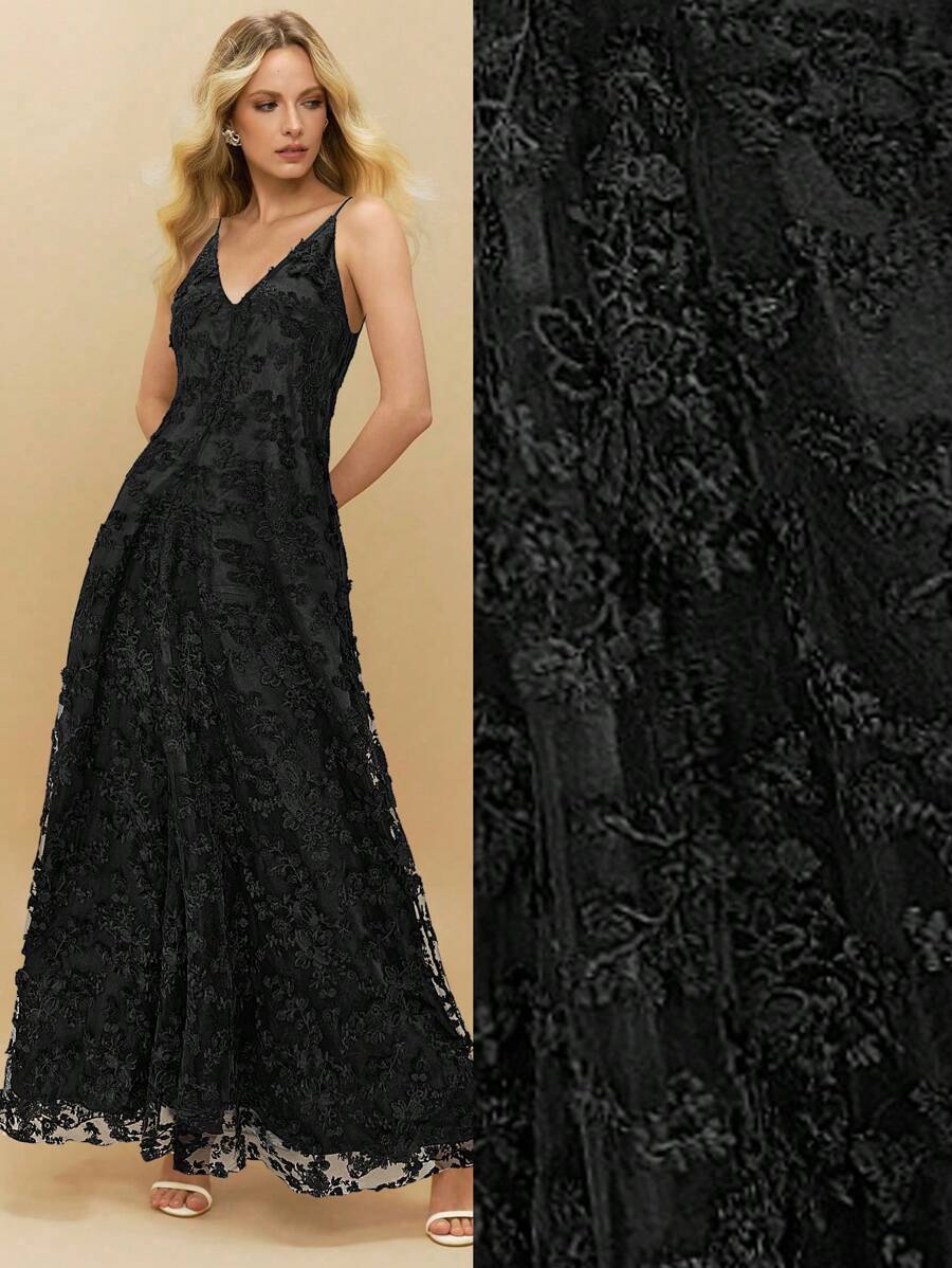 Poéselle 1pc Vestido feminino de cor sólida com alça jacquard, adequado para o verão - Preto - Ver 1