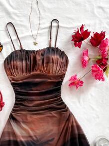 Soleia 女式扎染渐变网眼吊带裙，收腰设计，迷你长度，适合节日、约会、下午茶、度假、音乐节、波西米亚风格 - 彩色 - 查看 5