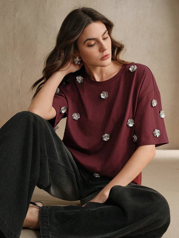 Anewsta Women's Summer Handmade 3D Flower Decorated Loose Casual T-Shirt, Versatile For Commuting